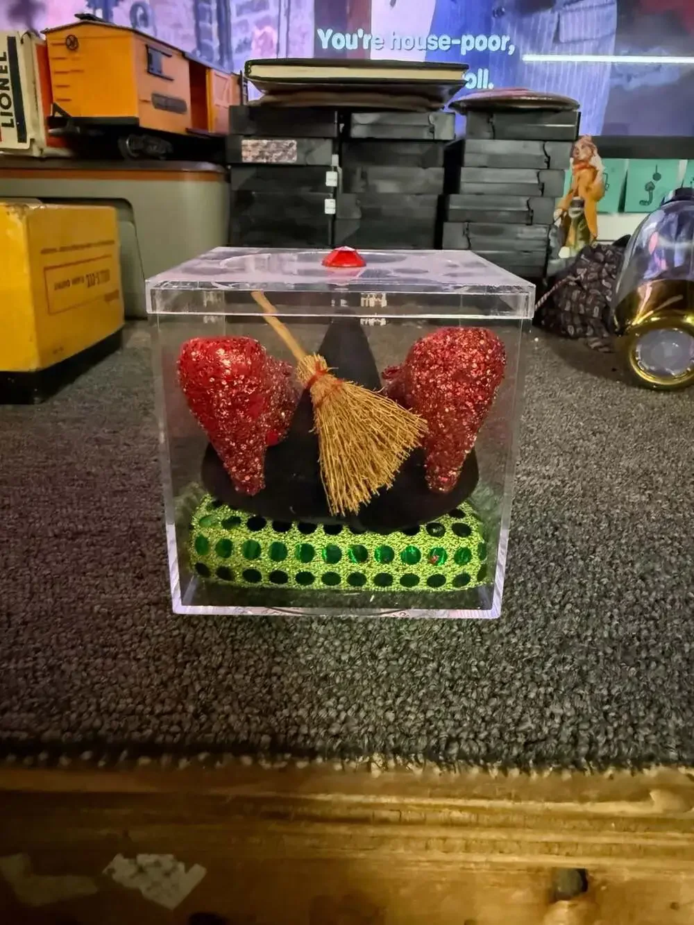 The Wizard of Oz Acrylic Display Case with Miniature Ruby Slippers and Witch Hat